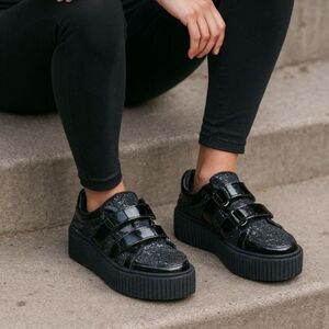 TUK Black Gllitter Platform Creeper Loafer Shoes  Women's Size 7